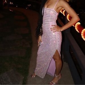 Embellished Square Neck Evening Gown in Lilac